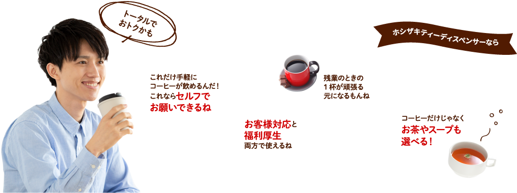 ホシザキティーディスペンサーなら　これだけ手軽にコーヒーが飲めるんだ！これならセルフでお願いできるね　お客様対応と福利厚生両方で使えるね　残業のときの一杯が頑張る元になるもんね　コーヒーだけじゃなくお茶やスープも選べる！トータルではどうなの？